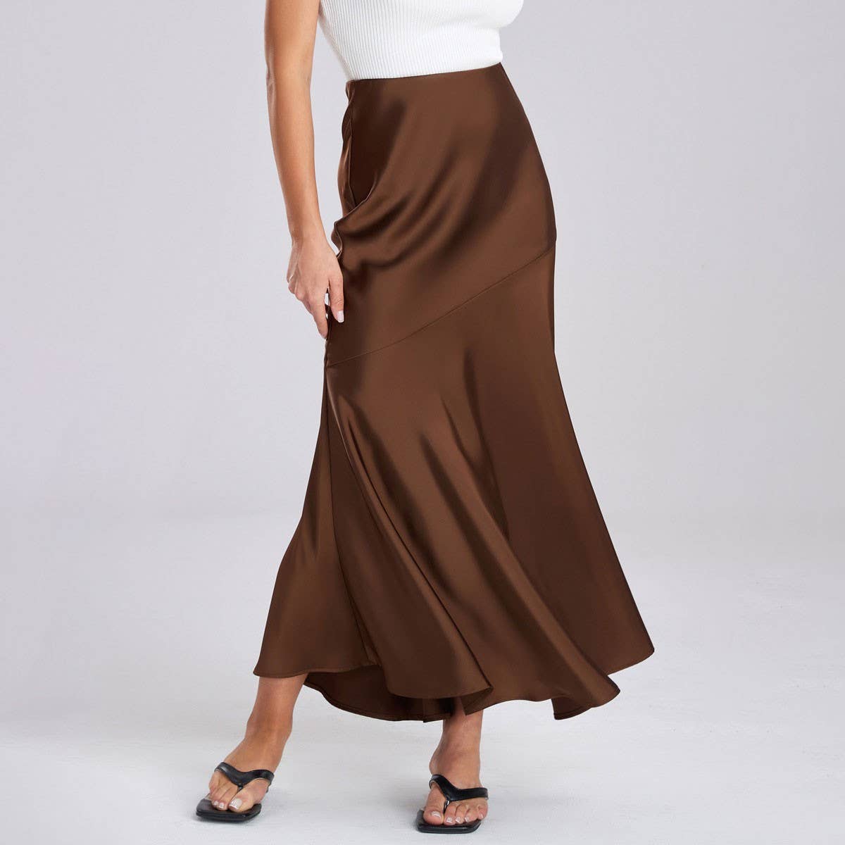 SATIN SKIRT HIGH WAIST STITCHING LONG SKIRT