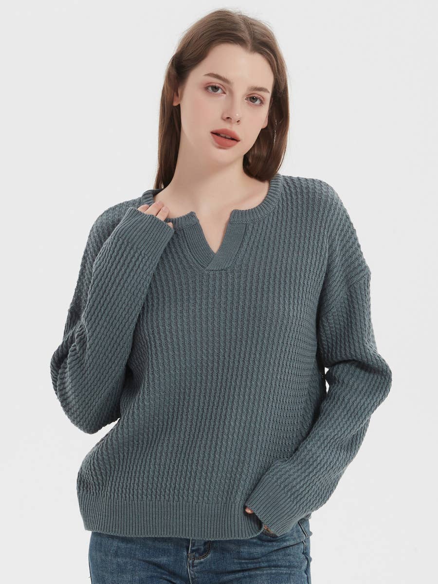 V-neck sweater Solid color loose pullover sweater