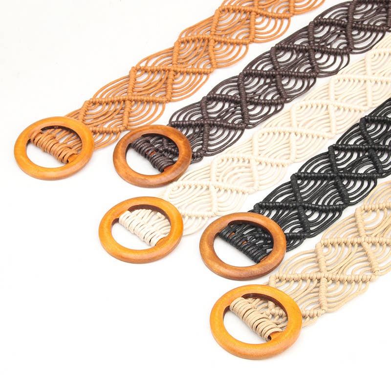 Wax rope woven hollowed-out wooden buckle belt