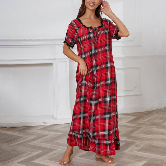 SHORT-SLEEVED RED PLAID HOME NIGHTDRESS