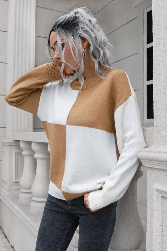 Cwoswl3892_Checkerboard Crew Neck  Knit Pullover Sweater