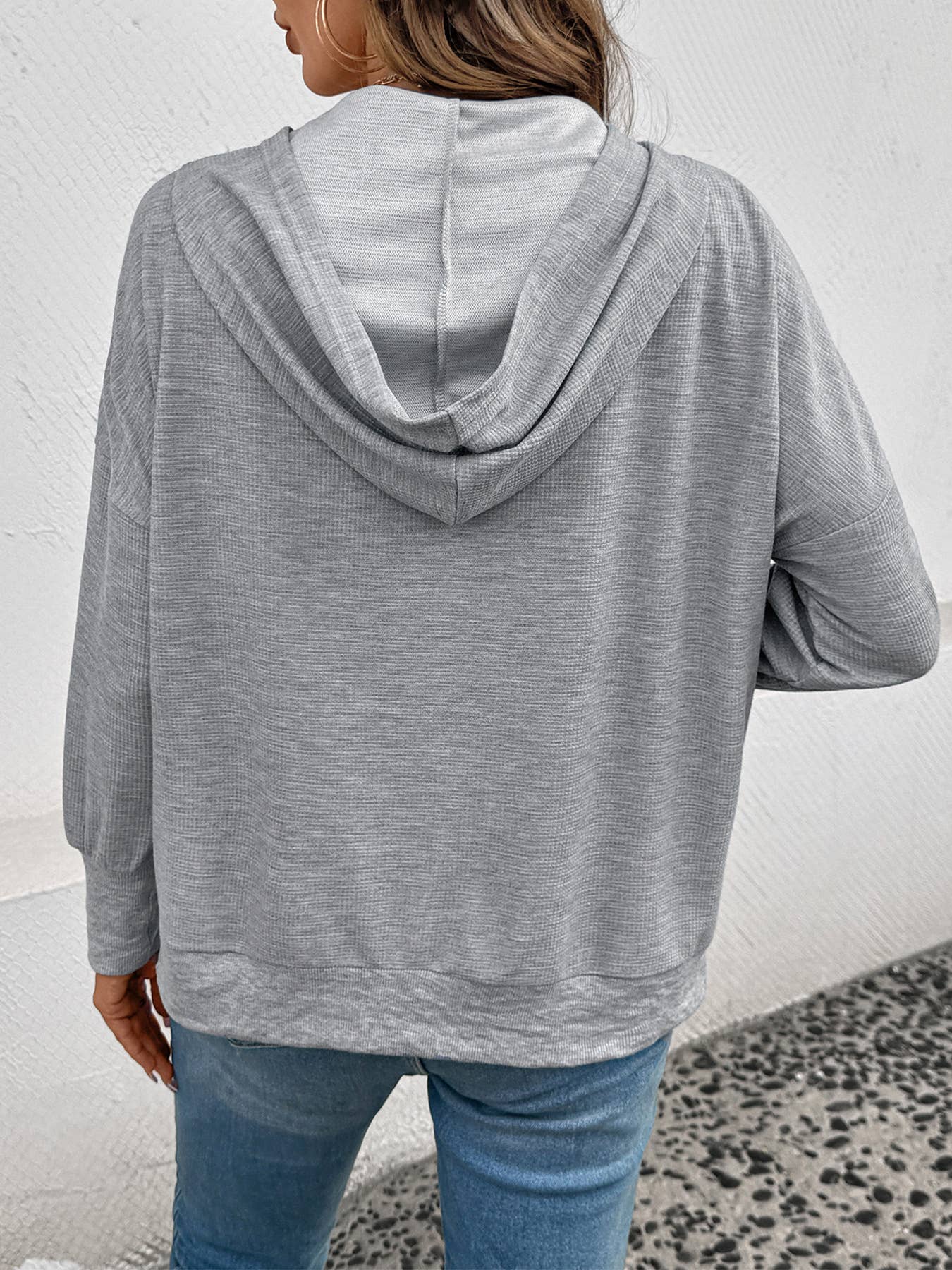 V-neck solid-color casual hooded sweatshirt