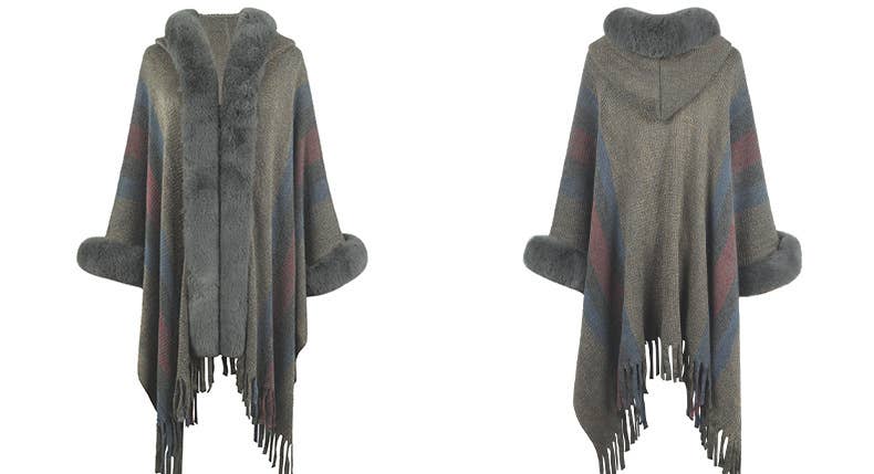 WOMEN'S HOODED CAPE STRIPED KNITTED FRINGE SHAWL