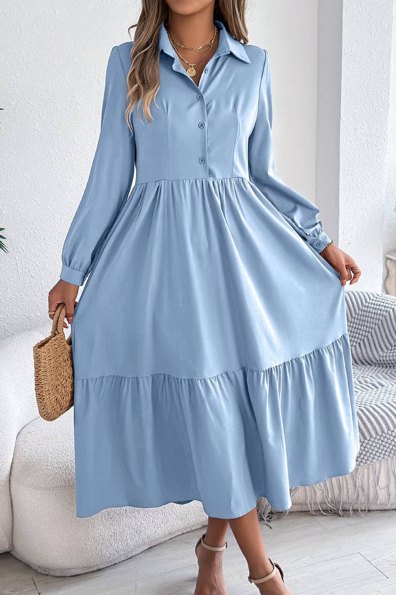 CWDMD6027_LOOSE FIT RUFFLE TRIM LONG SLEEVE SHIRT DRESS