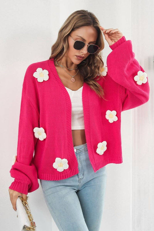 CWOCAL1182_EMBROIDERED FLOWER LANTERN SLEEVE KNIT CARDIGAN
