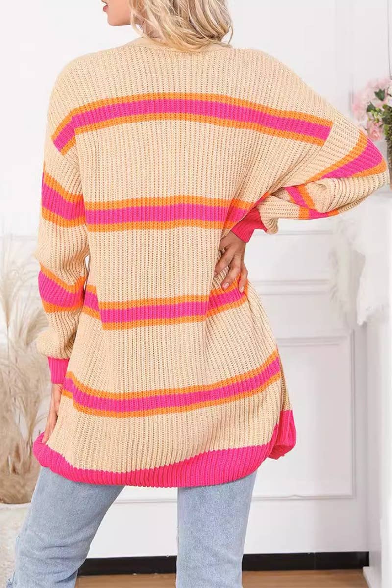 CWOCAL2186_STRIPED COLOR CONTRAST LONG SLEEVE CARDIGAN