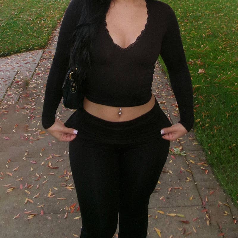 Simple casual solid color patchwork lace V-neck suit