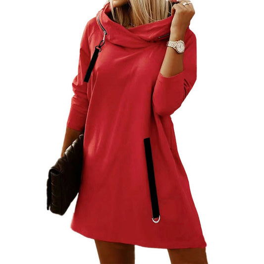 LOOSE ZIPPER HOODED LONG-SLEEVED SOLID COLOR DRESS
