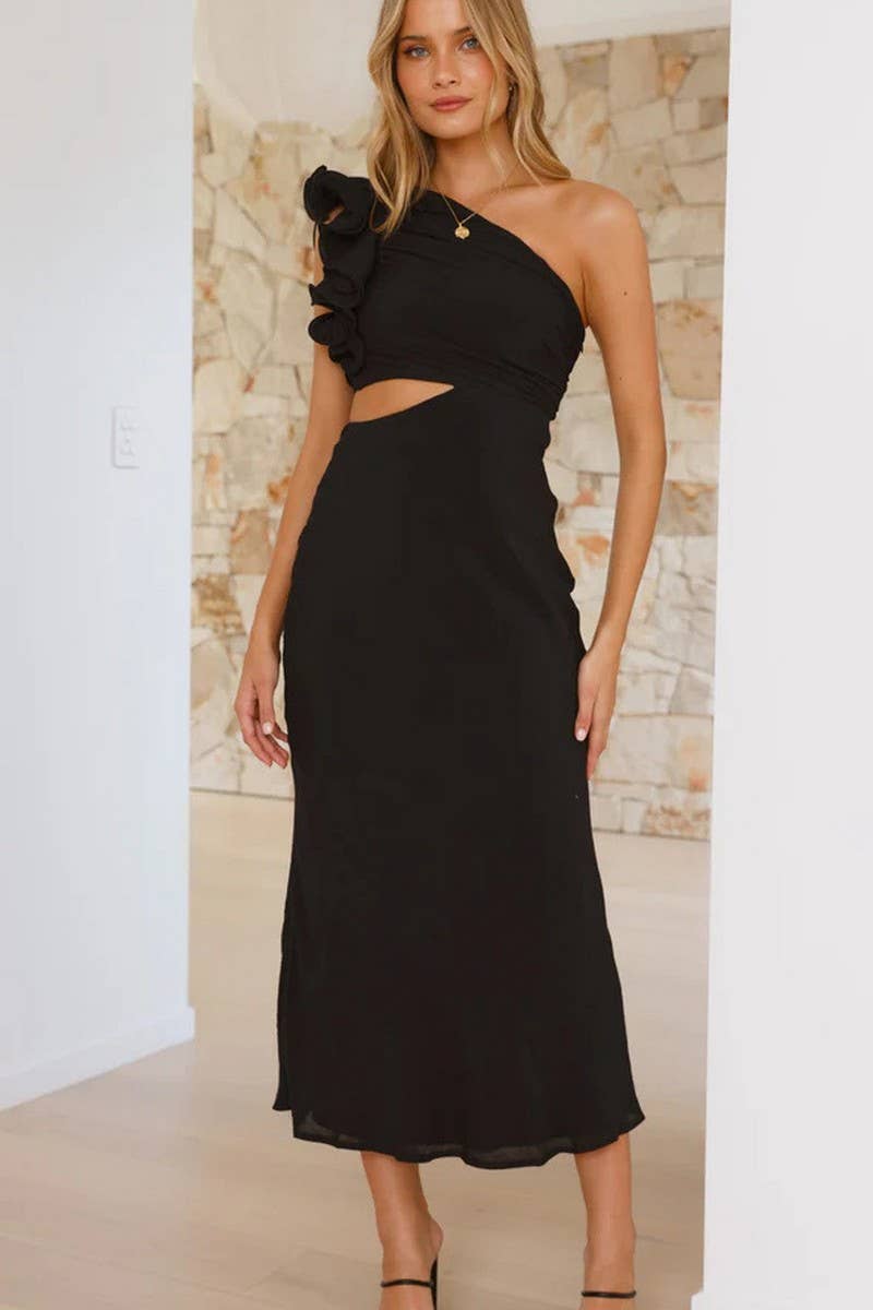 CWDMD5165_SOLID COLOR ONE SHOULDER SLIM DRESS