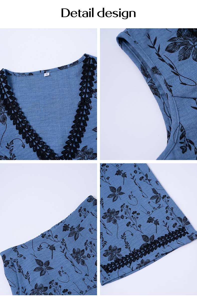 Bohemian Floral Lace Trim Vest & Pants Set_Cwstb1806