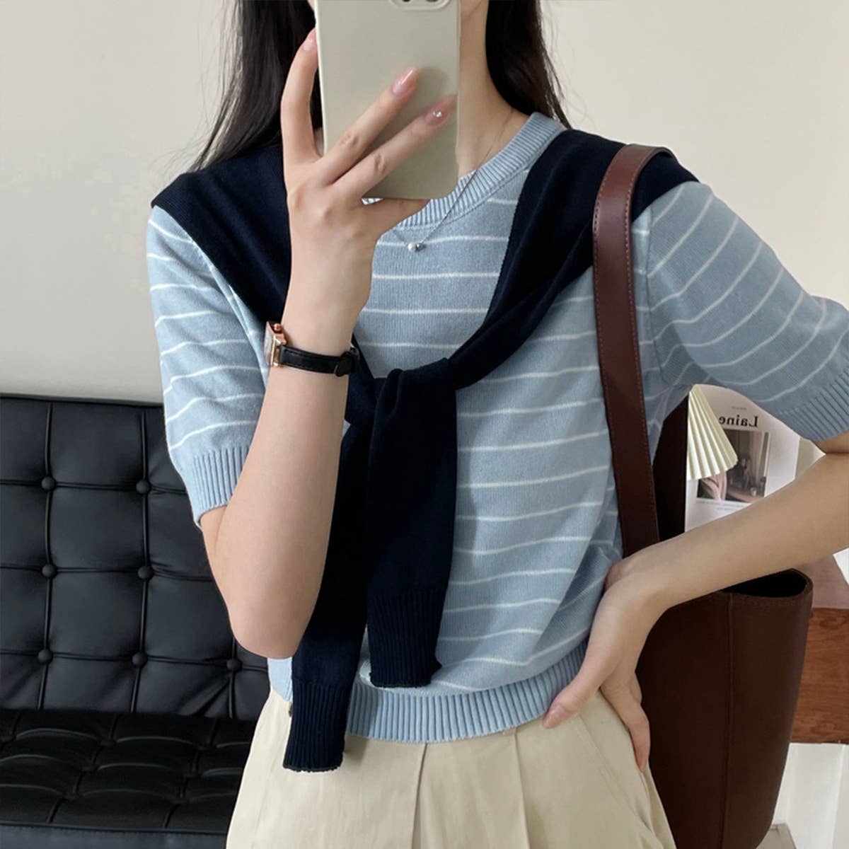 Literary cape striped knitted blouse two-piece set