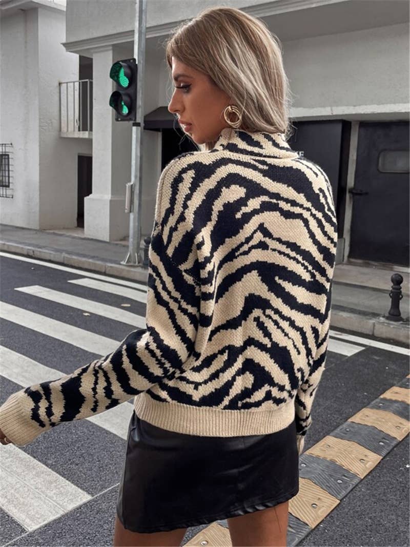 Semi-high neck zebra print knitted sweater