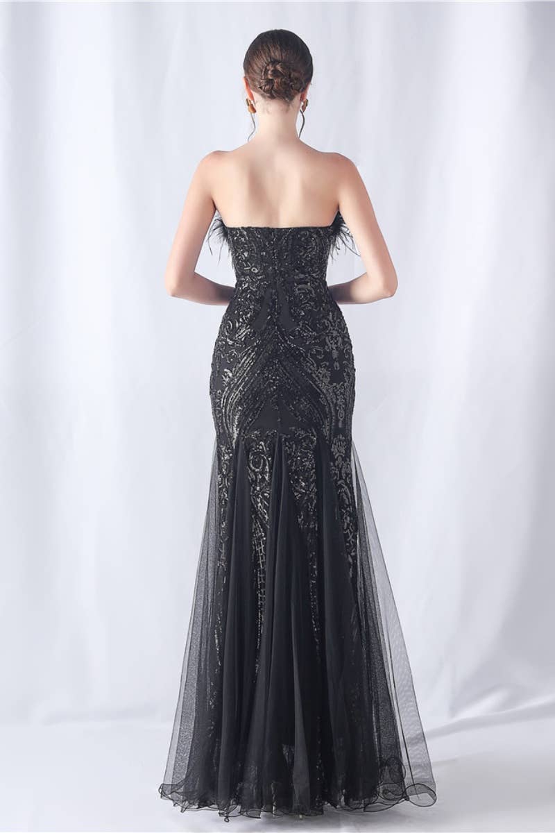 CWDMD3628_FURRY STRAPLESS SEQUIN EVENING DRESS LONG