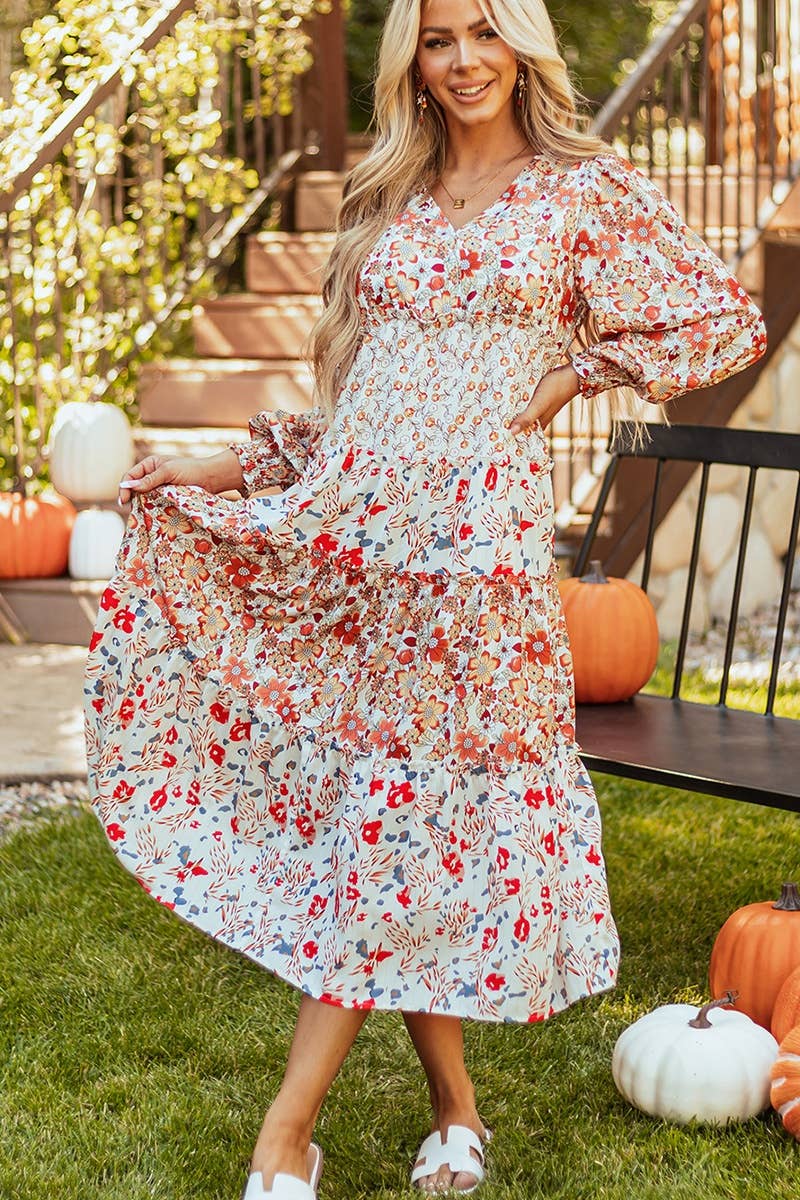 CWDMD4113_PRINTED V-NECK LONG-SLEEVED HIGH-WAISTED DRESS