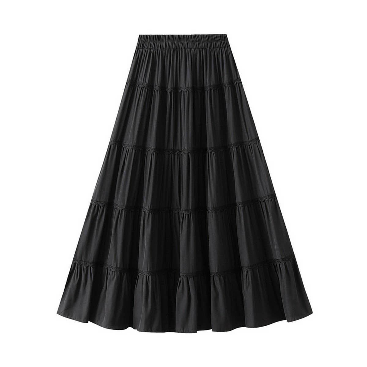High-Waist Lace Trim A-Line Tiered Maxi Skirt
