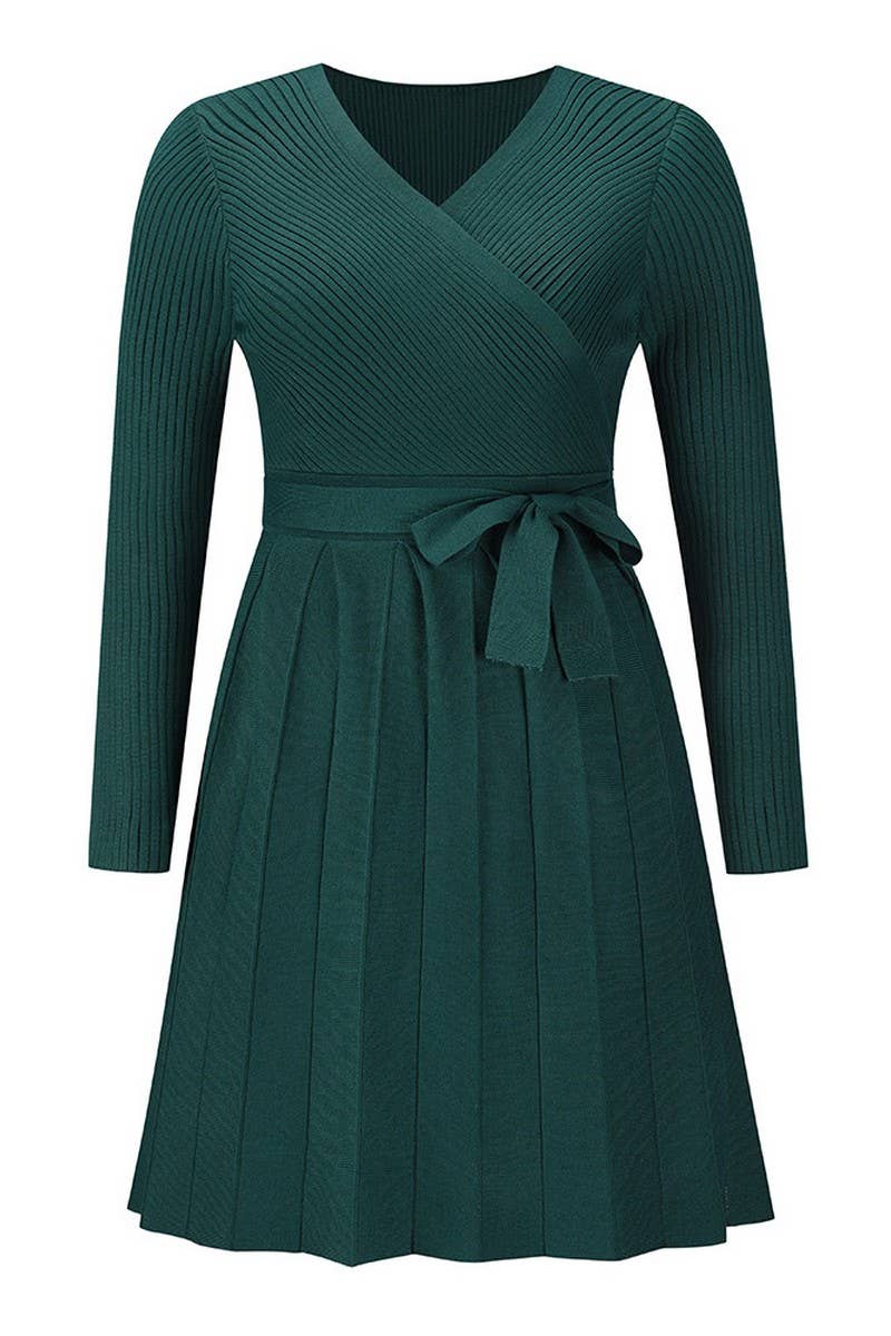 CWDSD6463_V-NECK TIE PLEATED KNITTED SHORT A-LINE DRESS