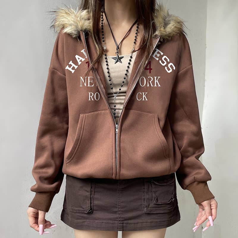 VINTAGE DIGITAL PRINT ZIPPER LOOSE HOODIE COAT