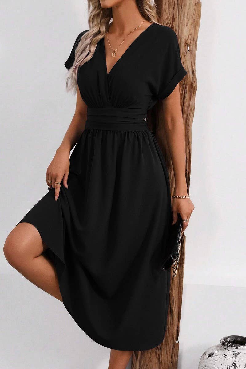 CWDMD4648_SOLID COLOR V-NECK BAT SLEEVE LONG DRESS