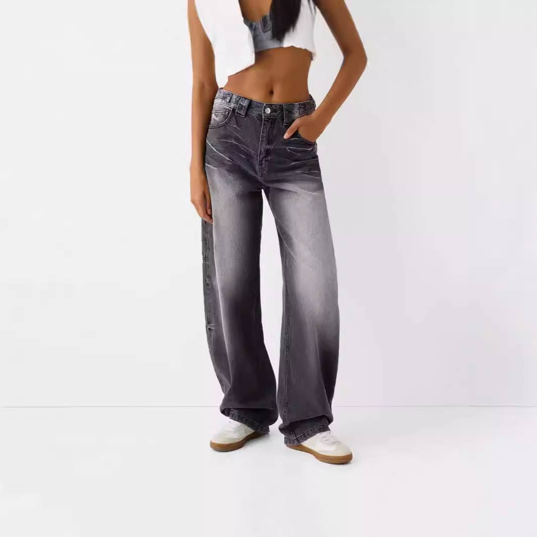 HEAVY WASH LOOSE STREET HIGH WAIST WIDE LEG JEANS