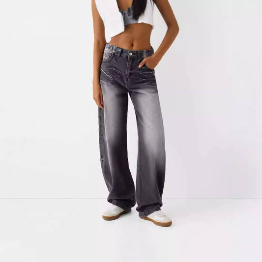 HEAVY WASH LOOSE STREET HIGH WAIST WIDE LEG JEANS