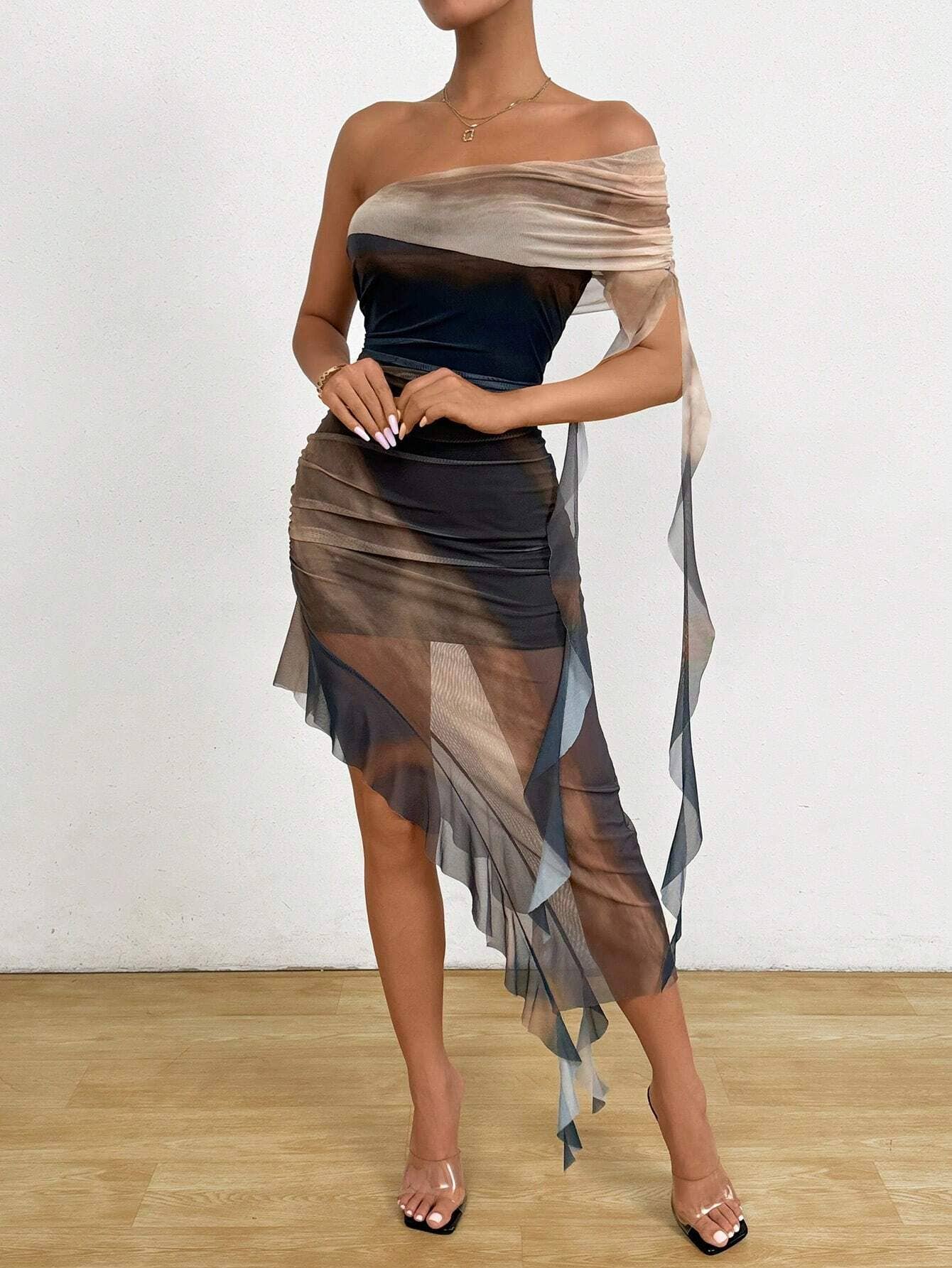 Women¡¯s ruched strapless split mesh ruffle dress