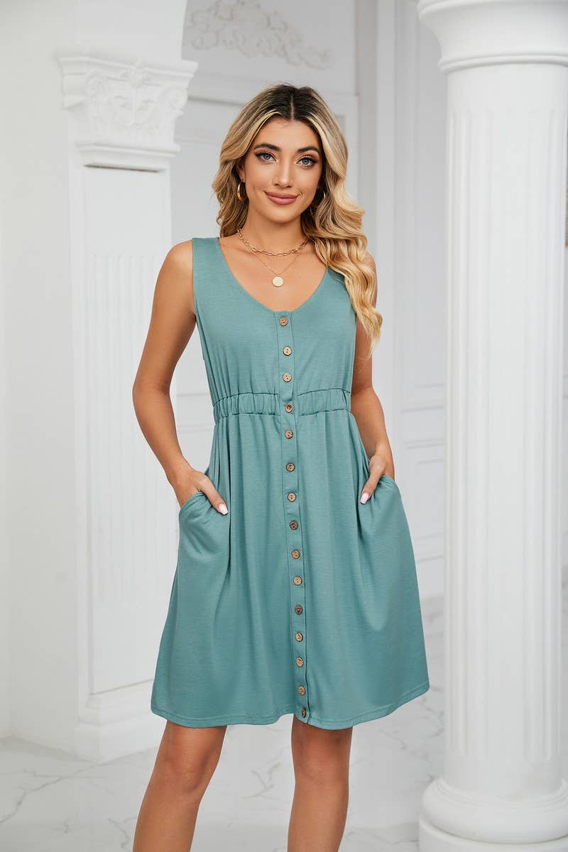 CWDSD3114_ROUND NECK SLEEVELESS BUTTON POCKET WAIST DRESS