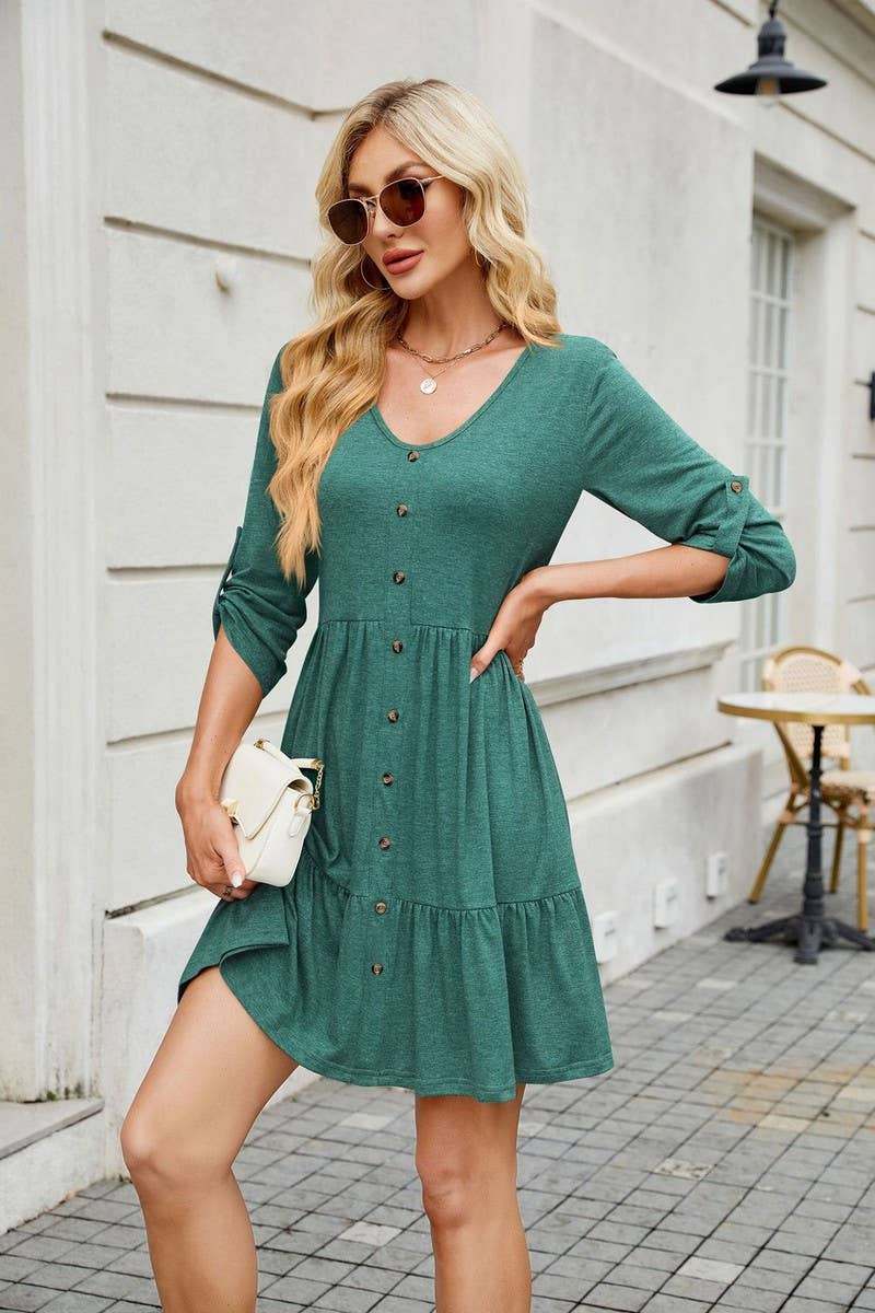 CWDSD7285_ROUND NECK BUTTON GATHERED ELBOW SLEEVE DRESS