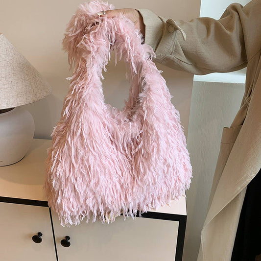 WINTER TASSEL HANDBAG VERSATILE SHOULDER PLUSH BAG_CWAB4015
