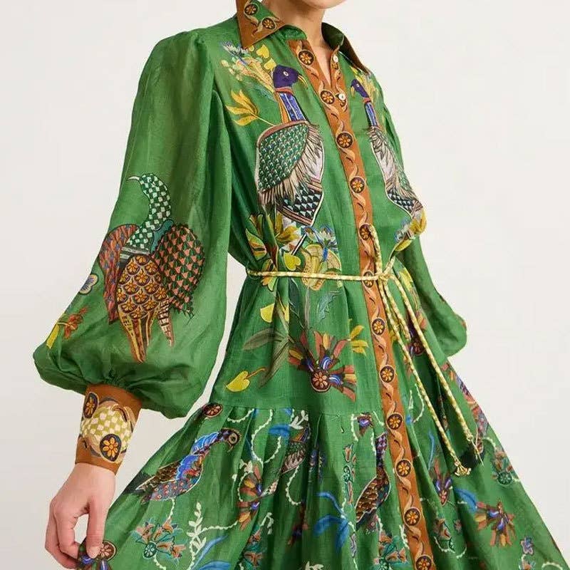 LANTERN SLEEVE PRINTED LAPEL LONG-SLEEVED DRESS