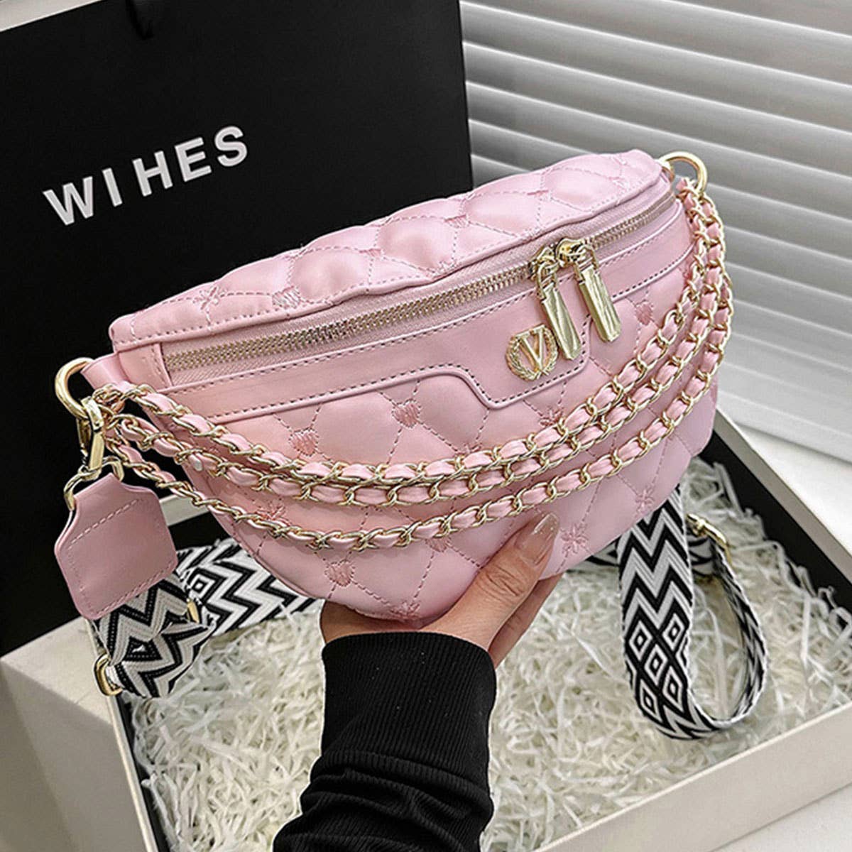 PU TRIPLE CHAIN STRAP BELT BAG,CROSSBODY BAG_CWAB0944