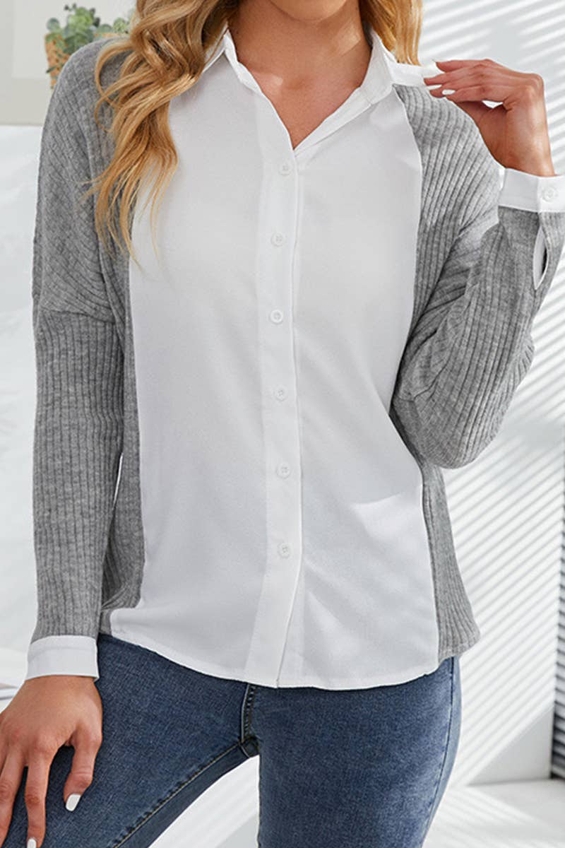 Patchwork Knit Color Contrast Long-Sleeved Shirt