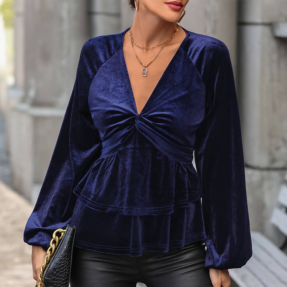 FASHION KINK SHIRT SOLID COLOR V-NECK VELVET TOP