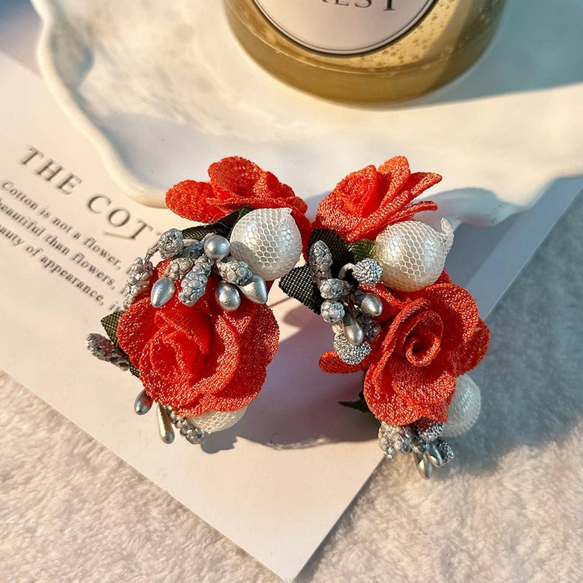 Pearl Fabric Flower Stud Earrings ??Unique Design_CWMM6256