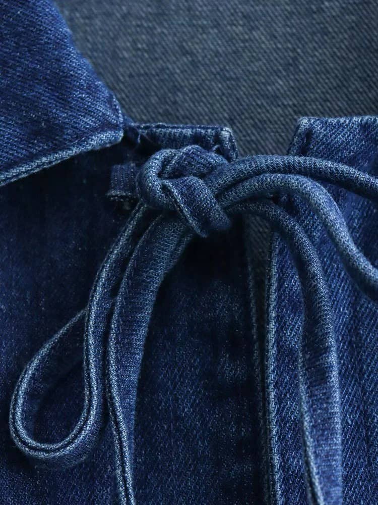 SOLID COLOR DENIM SHIRT WITH LAPEL BOW