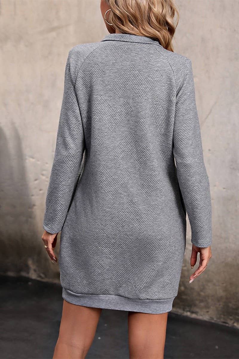 WOMEN STAND COLLAR POCKET SOLID COLOR A LINE DRESS_CWDSD1962