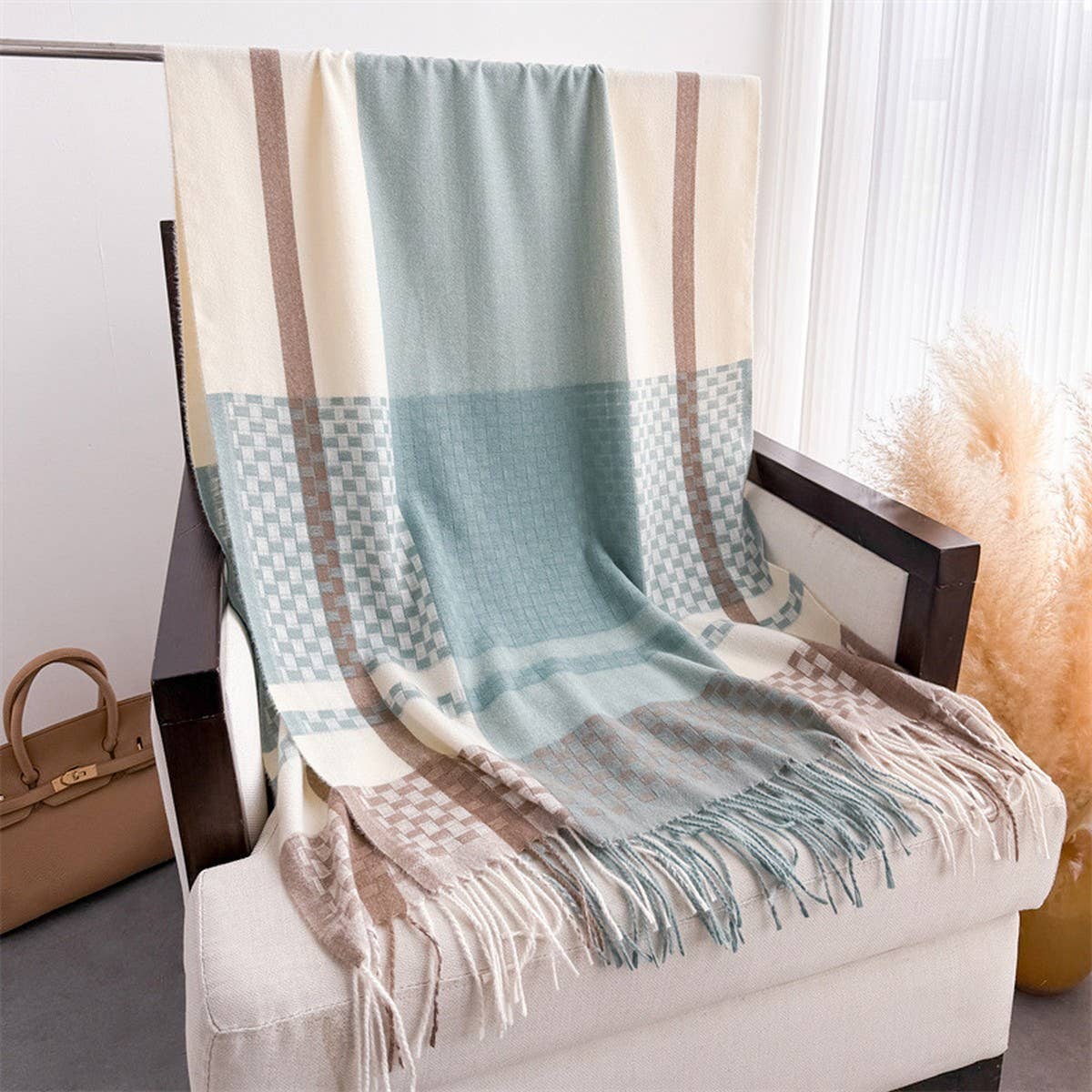 Woven Plaid Fringe Scarf Warm Winter Shawl Wrap_CWASC2779