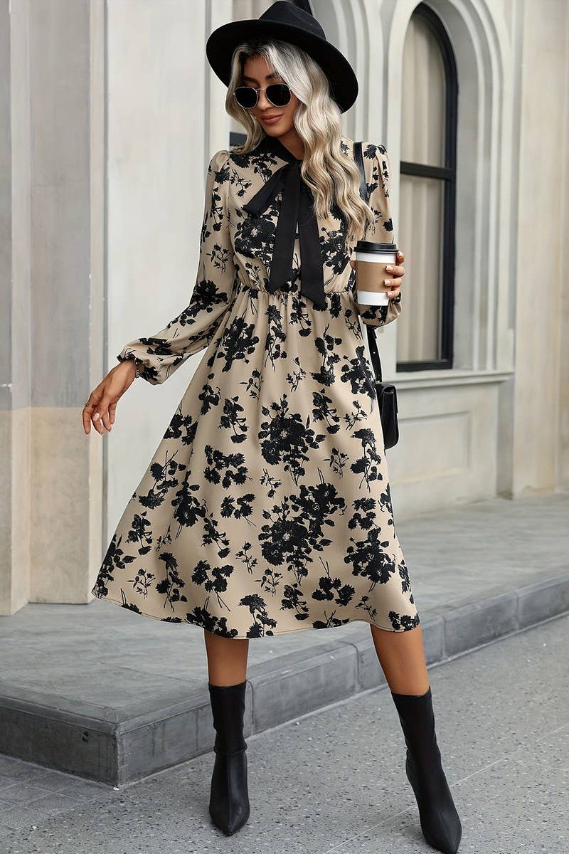 CWDMD5358_FLORAL LONG SLEEVE TIE NECK A-LINE MIDI DRESS