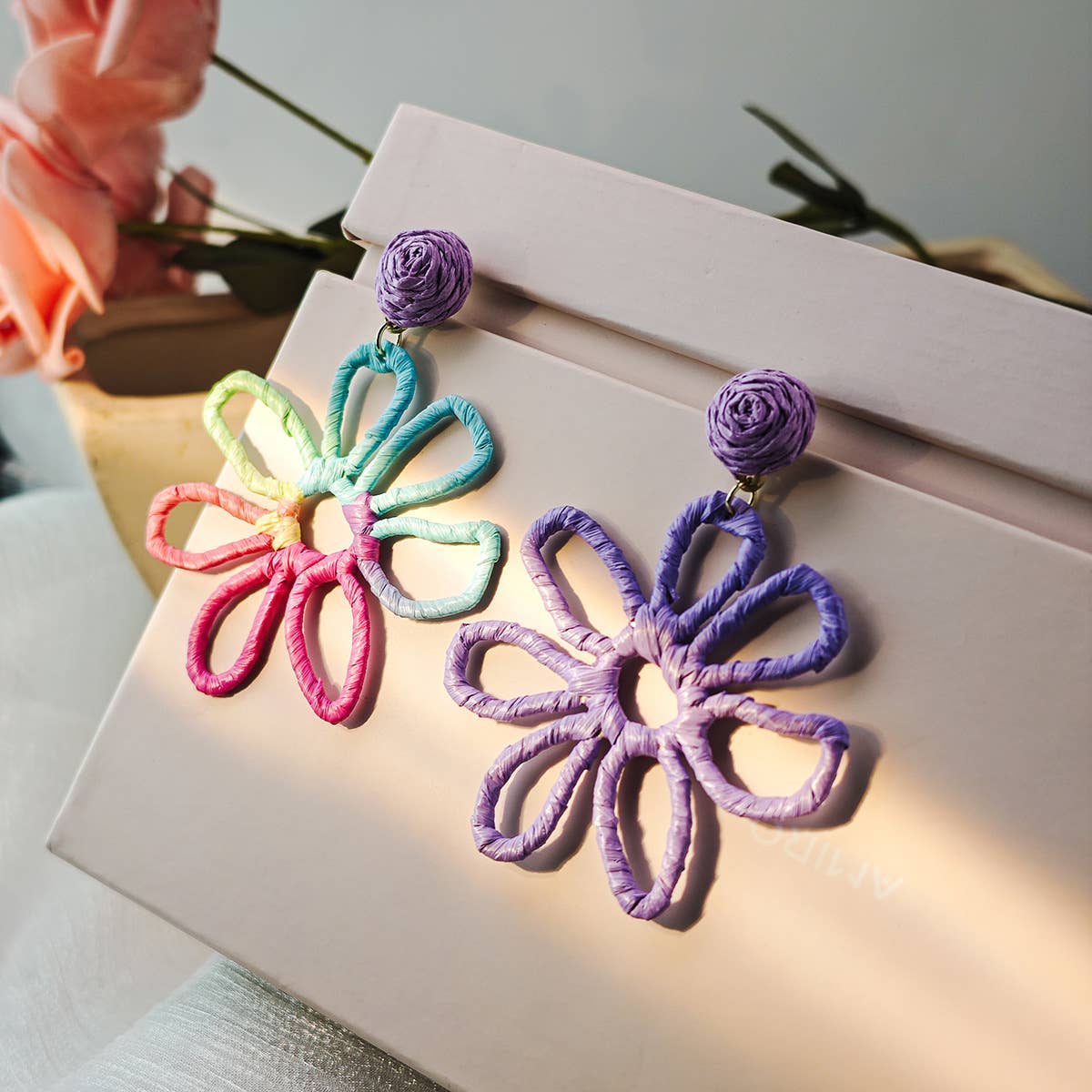 Colorful woven Raffia grass hollowed-out earrings