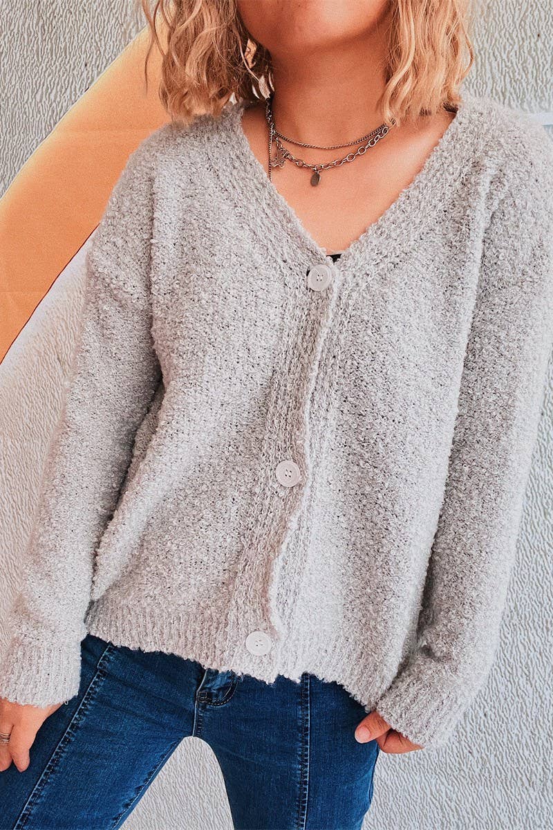 Solid color V-neck seersucker knit cardigan
