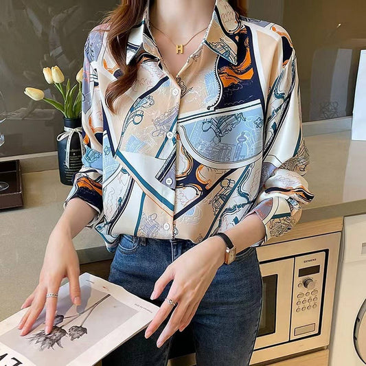 Fashion print loose long-sleeved chiffon shirt