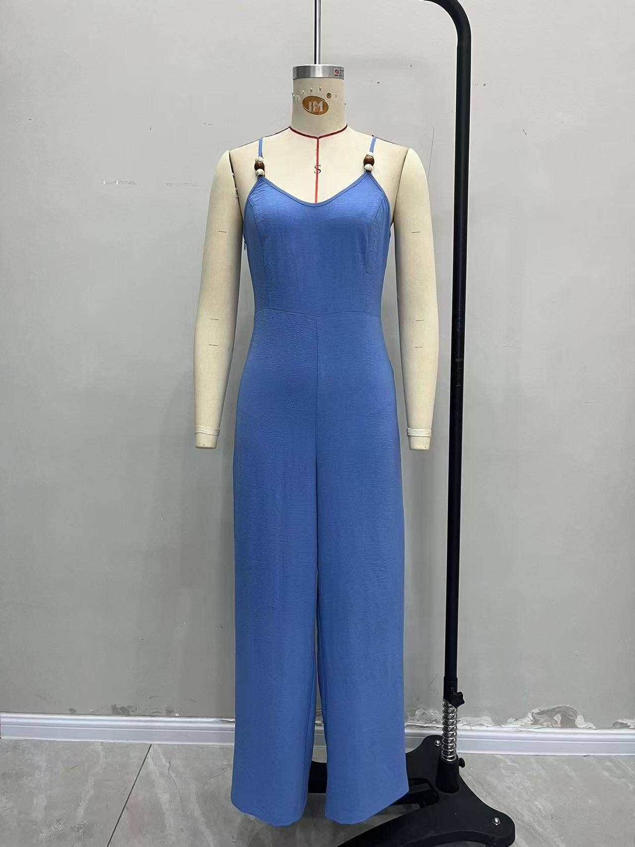 Solid-color woven wood bead halter jumpsuit
