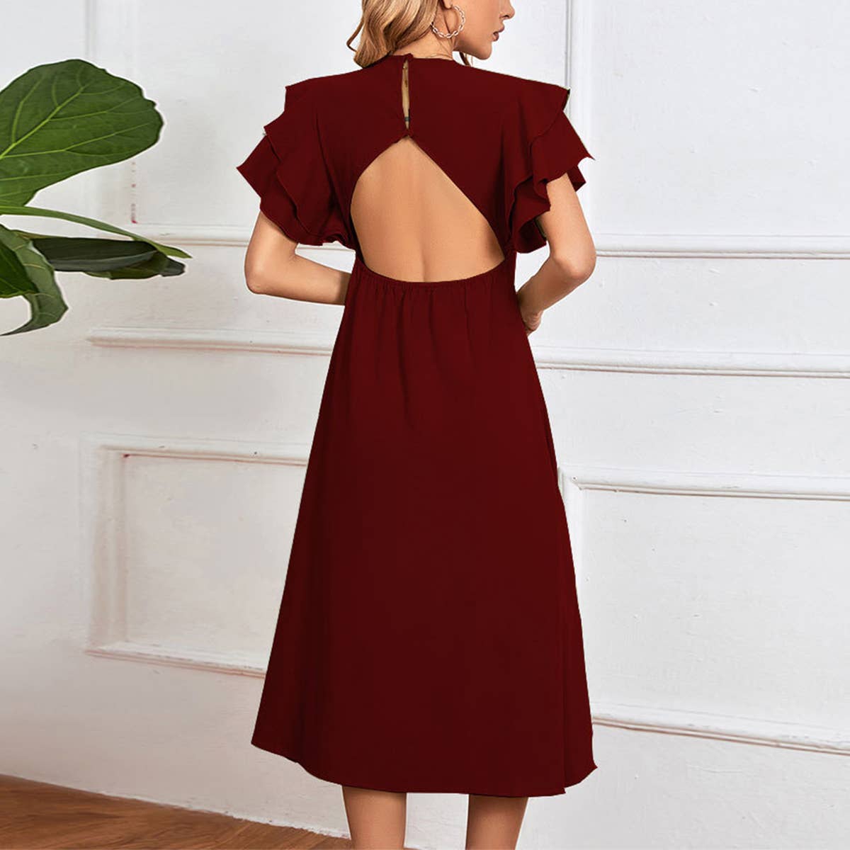 V NECK SEXY BACKLESS BUTTON A LINE MIDI DRESS_CWDSD3248