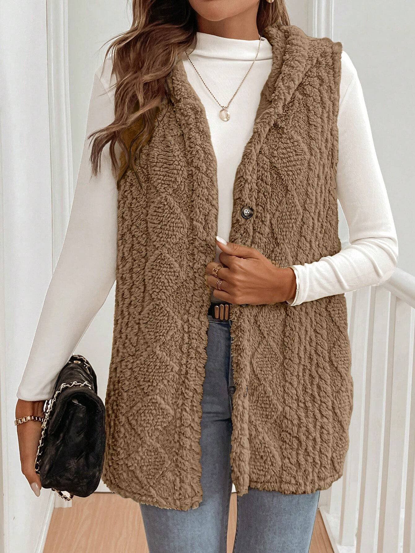 Double-sided plush casual hooded cardigan