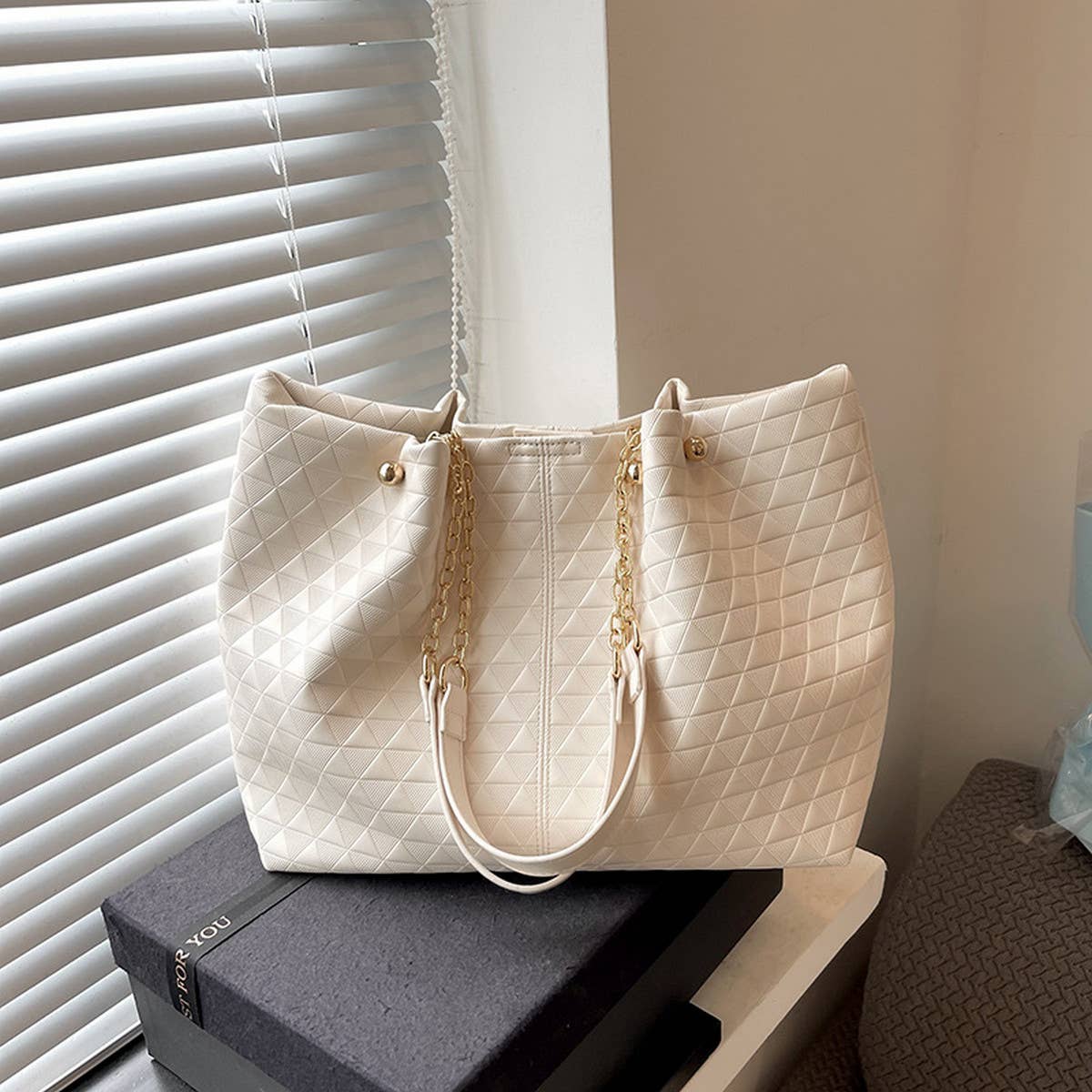 WOMEN SOLID COLOR PLAID TOTE BAG_CWAB1594