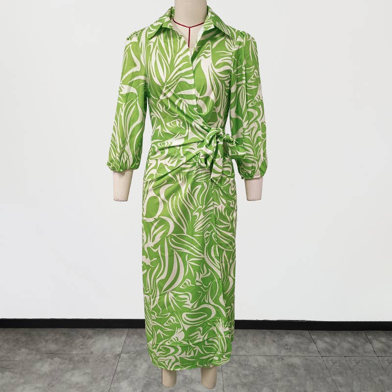 V-neck tie abstract printed long-sleeved dress