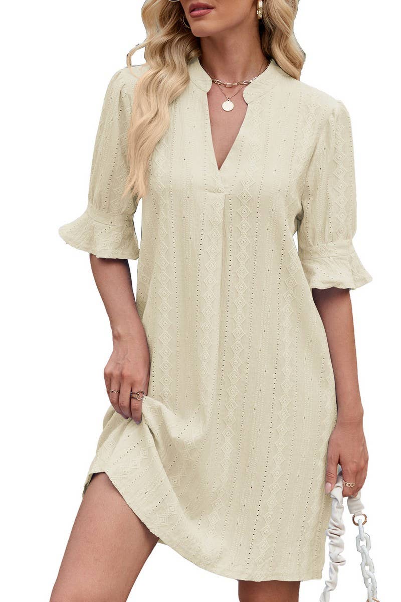 CWDSD7277_V-NECK CASUAL TRUMPET SLEEVE SHORT-SLEEVED DRESS