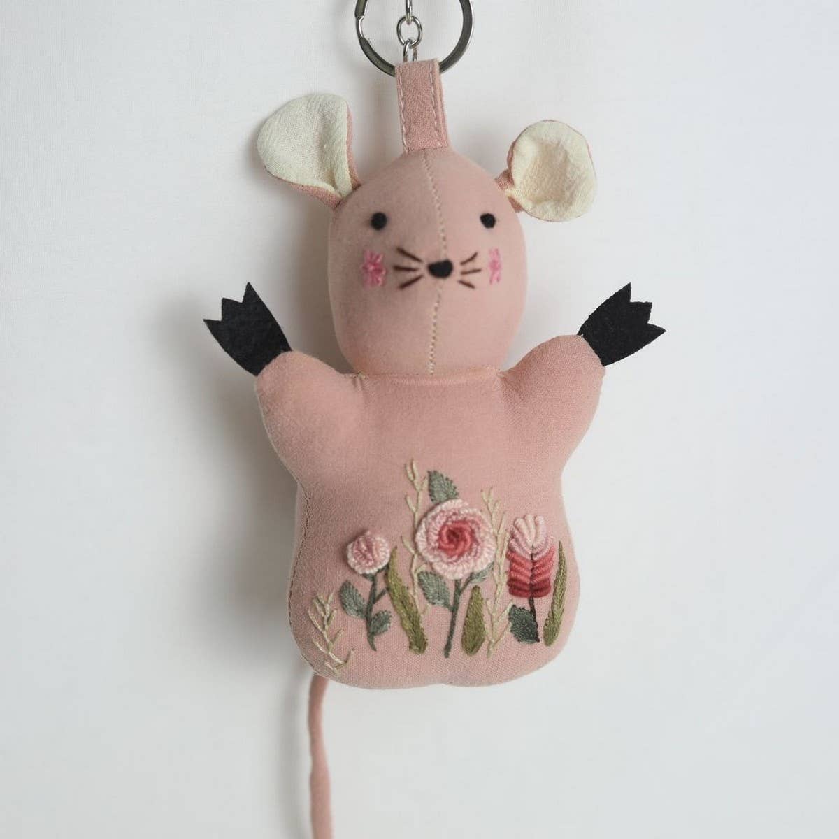 Hand-Embroidered Pink Mouse Plush Charm