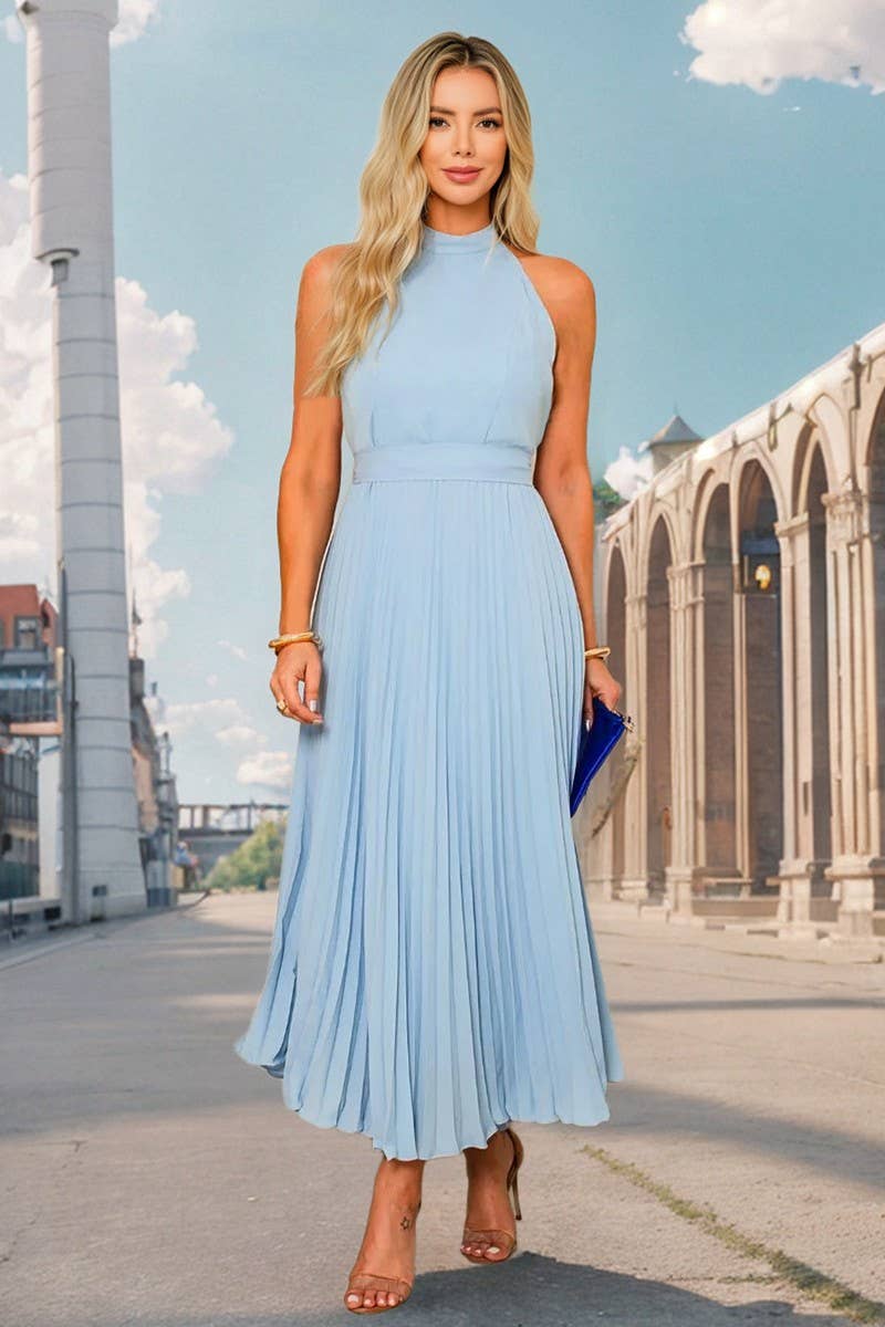 CWDMD6199_SLEEVELESS PLEATED HIGH NECK PARTY DRESS