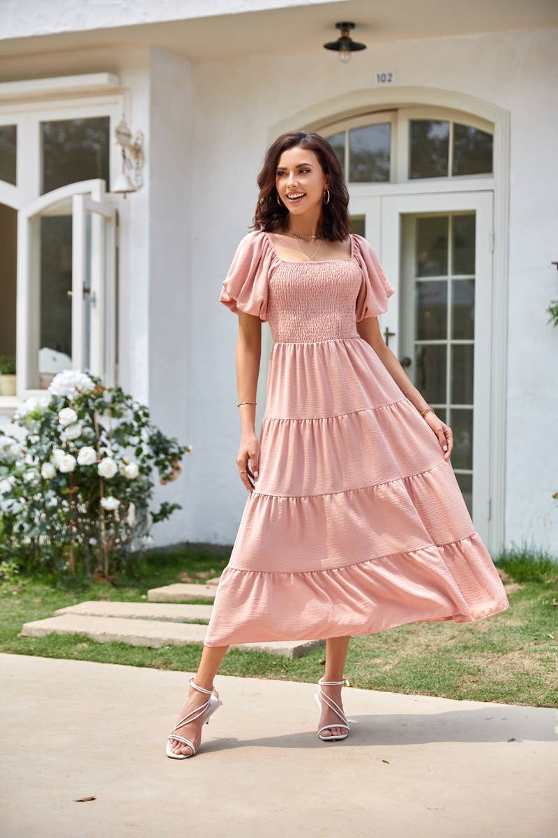 Square neck backless puffy sleeve pleated dress