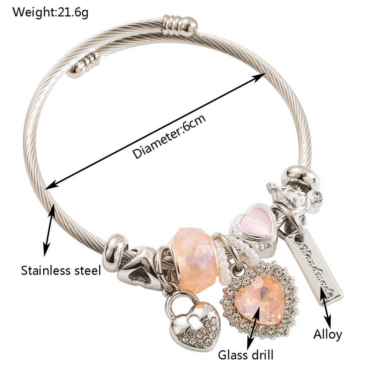 Stainless Steel Beaded Bracelet with Heart Charm_CWMM8508